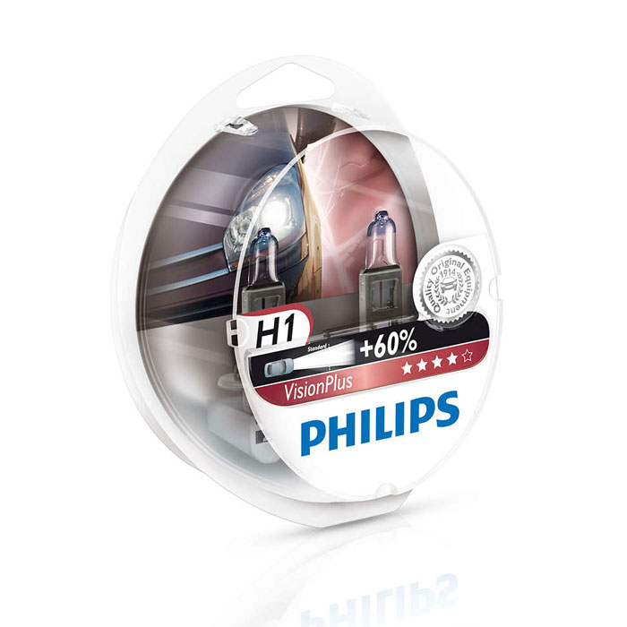 Лампа 12V H1 55W+60% галогеновая 2 шт. (Philips) DUOBOX VisionPlus 